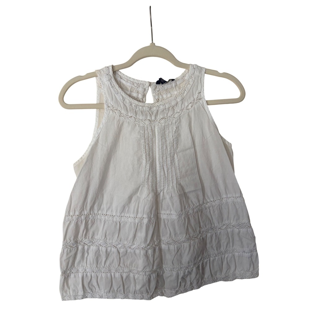 American Eagle White Crochet Lace Pintuck Sleeveless Blouse Boho Top Large